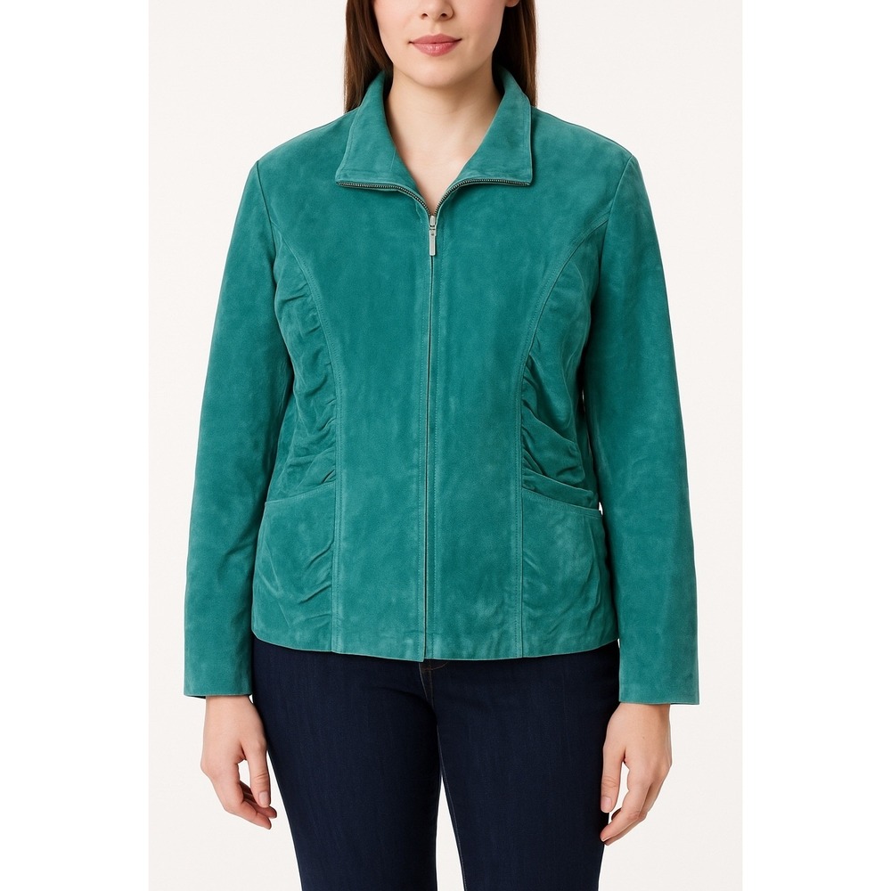 Metrostyle Suede Leather Jacket Ruched Front Zip Up Coat Teal Size 16
